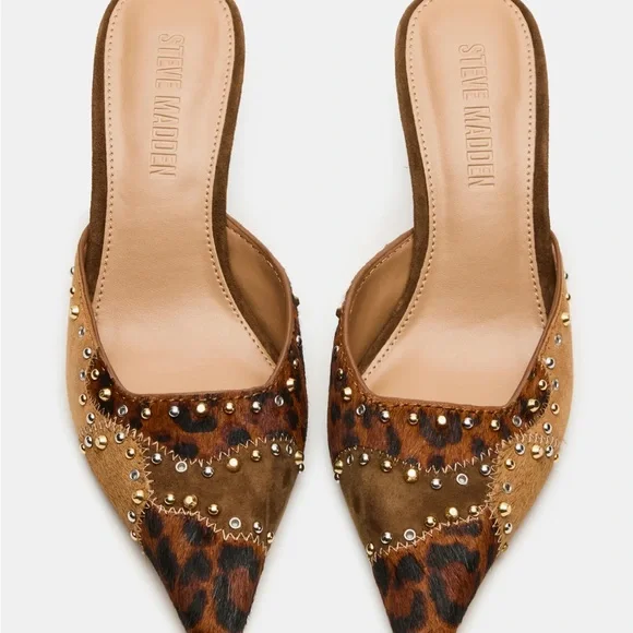 Steve Madden Leopard Print & Tan Studded Pointed Mule Heels - Picture 9 of 10